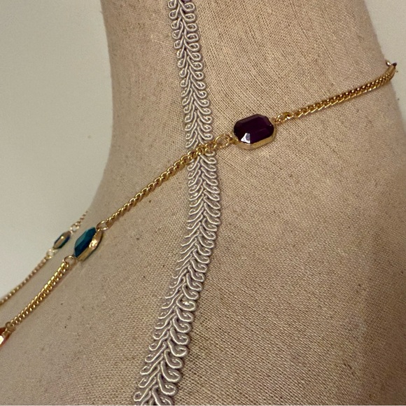 VINTAGE NECKLACE GOLD TONE CHAIN MULTI COLOR RED PURPLE GREEN FACETED GLASS 28” - Picture 7 of 9